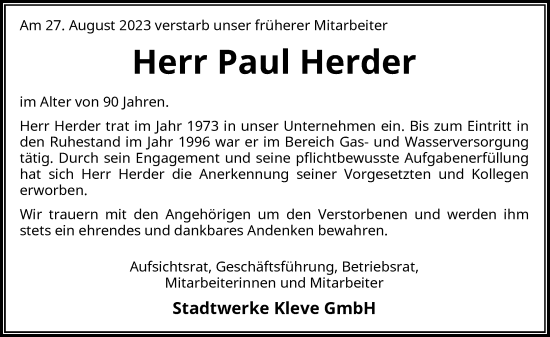 Traueranzeige von Paul Herder von Rheinische Post