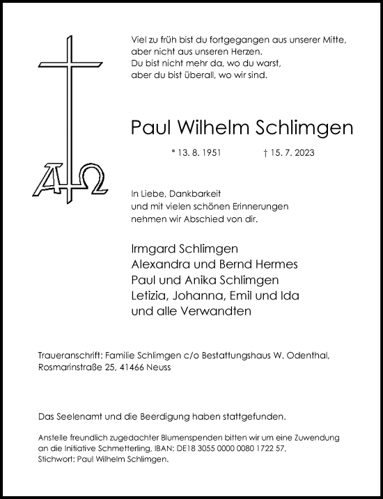 Traueranzeige von Paul Wilhelm Schlimgen von Rheinische Post