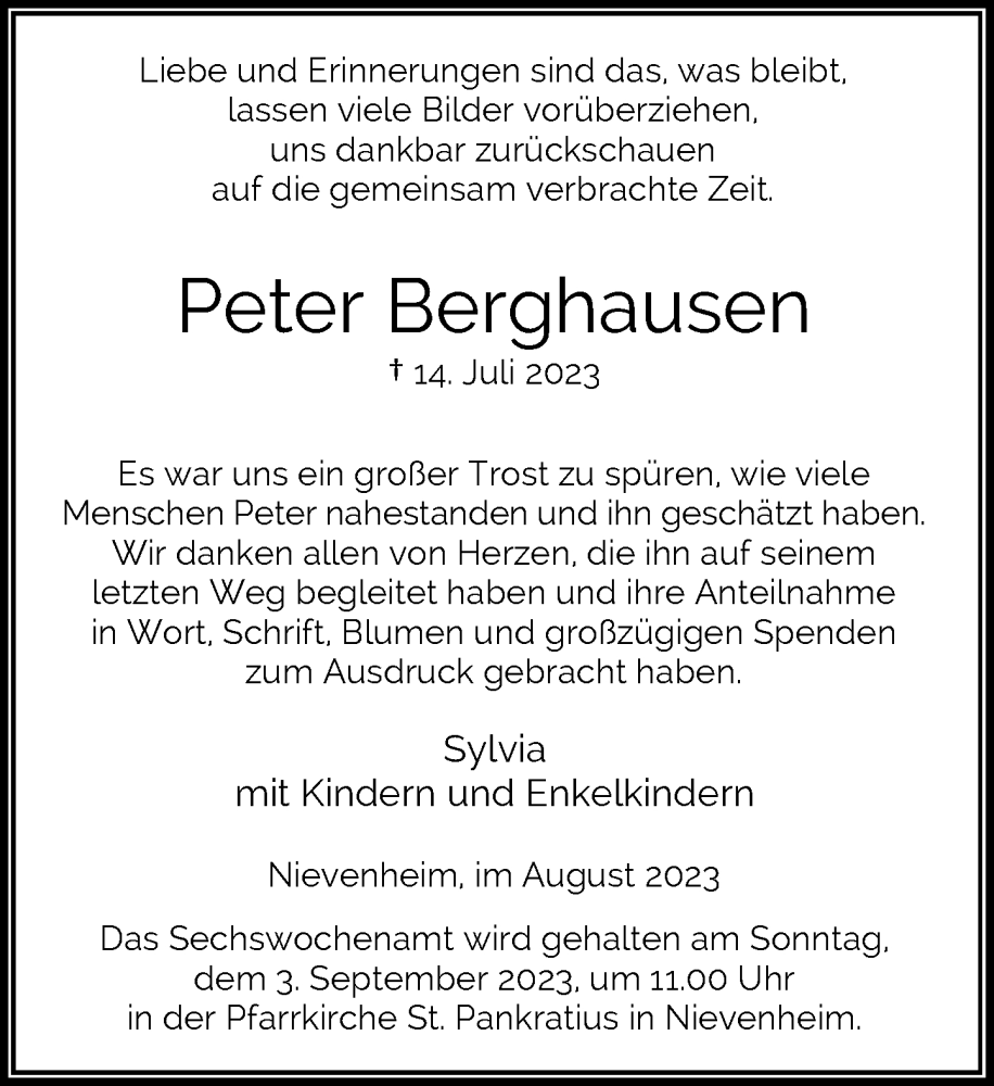  Traueranzeige für Peter Berghausen vom 26.08.2023 aus Rheinische Post