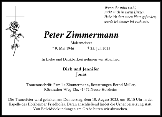 Traueranzeige von Peter Zimmermann von Rheinische Post