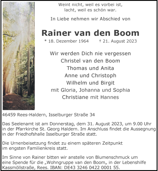 Traueranzeige von Rainer van den Boom von Rheinische Post