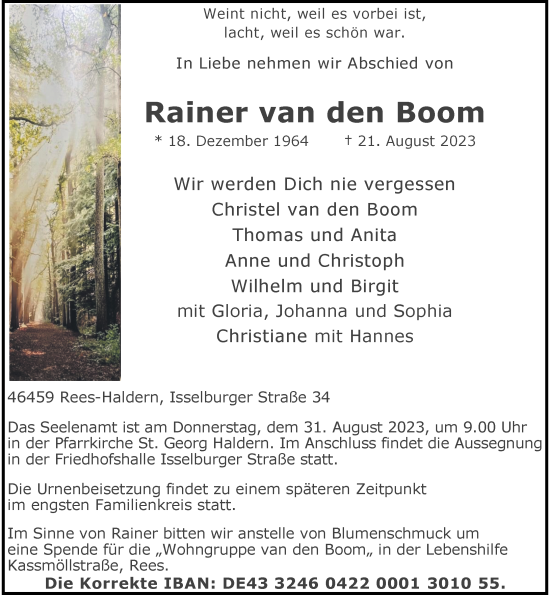 Traueranzeige von Rainer van den Boom von Rheinische Post