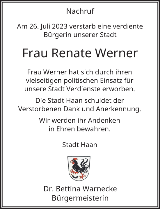 Traueranzeige von Renate Werner von Rheinische Post