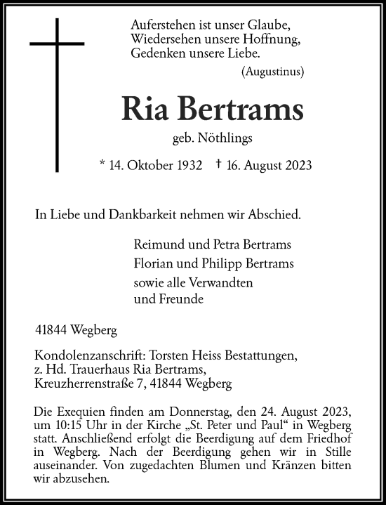 Traueranzeige von Ria Bertrams von Rheinische Post