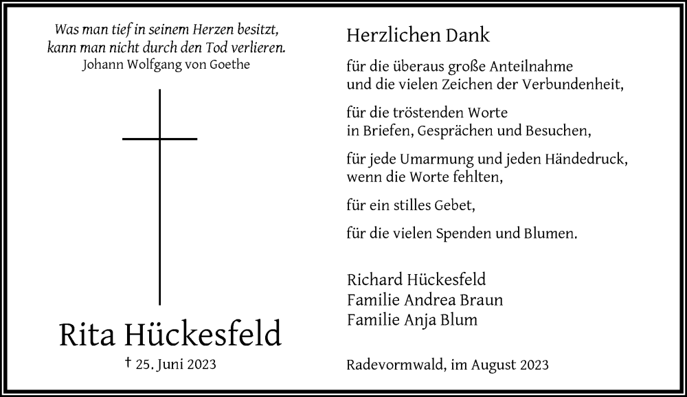  Traueranzeige für Rita Hückesfeld vom 19.08.2023 aus Rheinische Post