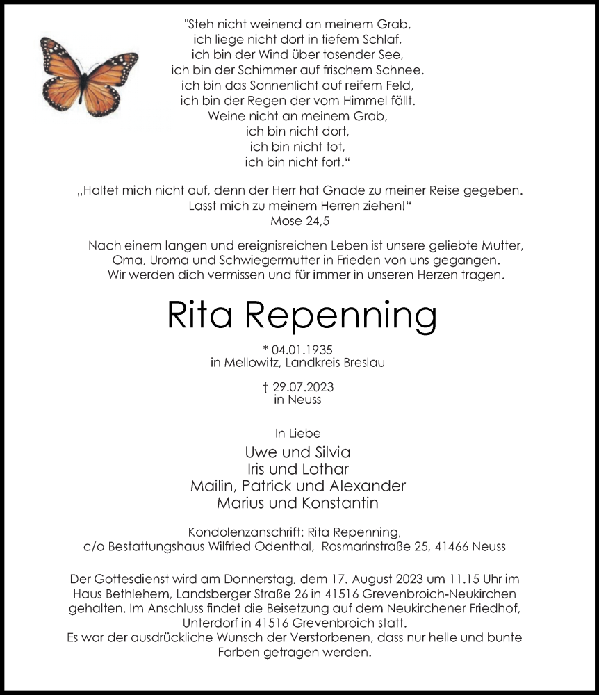  Traueranzeige für Rita Repenning vom 12.08.2023 aus Rheinische Post