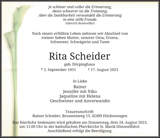 Traueranzeige von Rita Scheider von Rheinische Post