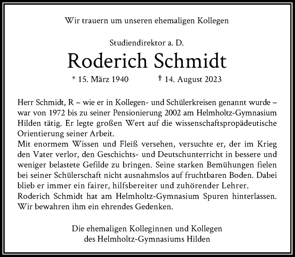  Traueranzeige für Roderich Schmidt vom 26.08.2023 aus Rheinische Post