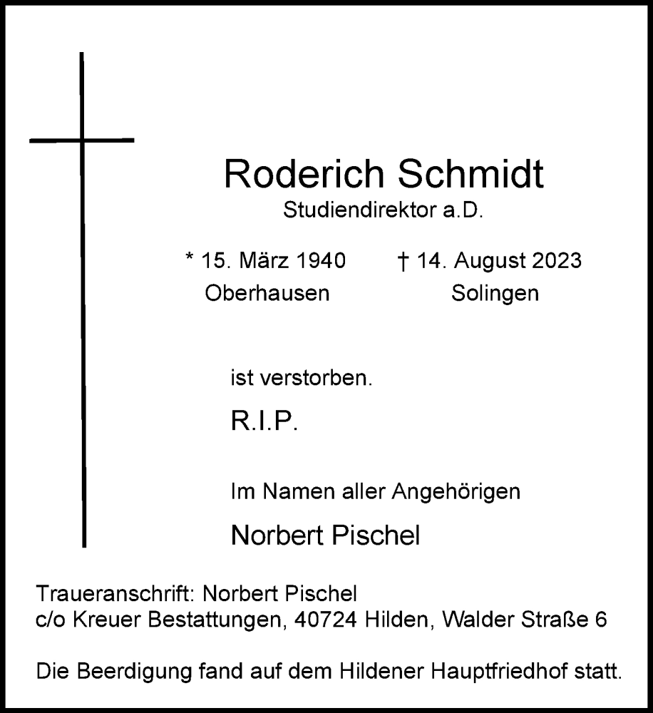  Traueranzeige für Roderich Schmidt vom 02.09.2023 aus Rheinische Post