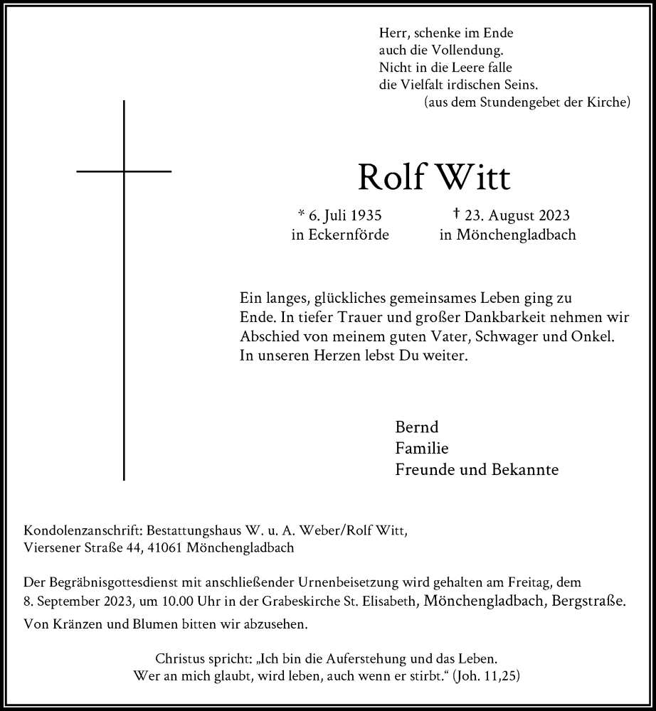  Traueranzeige für Rolf Witt vom 02.09.2023 aus Rheinische Post