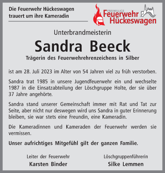 Traueranzeige von Sandra Beeck von Rheinische Post