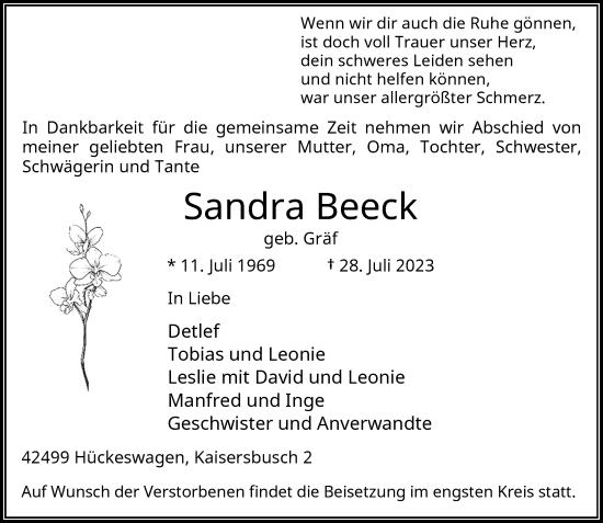 Traueranzeige von Sandra Beeck von Rheinische Post