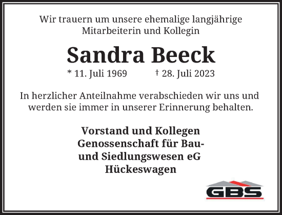 Traueranzeige von Sandra Beeck von Rheinische Post