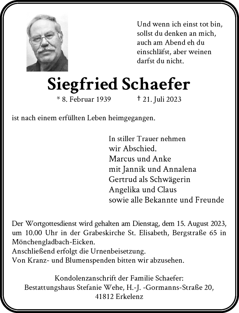  Traueranzeige für Siegfried Schaefer vom 05.08.2023 aus Rheinische Post