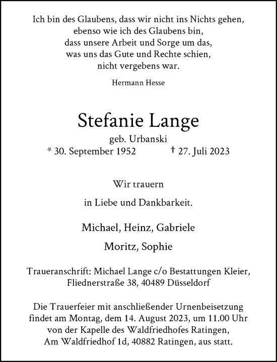 Traueranzeige von Stefanie Lange von Rheinische Post
