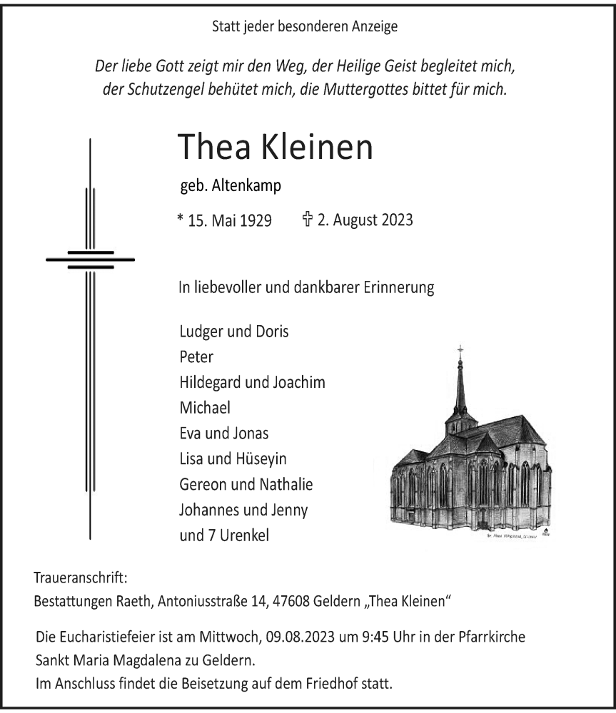  Traueranzeige für Thea Kleinen vom 05.08.2023 aus Rheinische Post