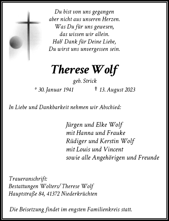 Traueranzeige von Therese Wolf von Rheinische Post