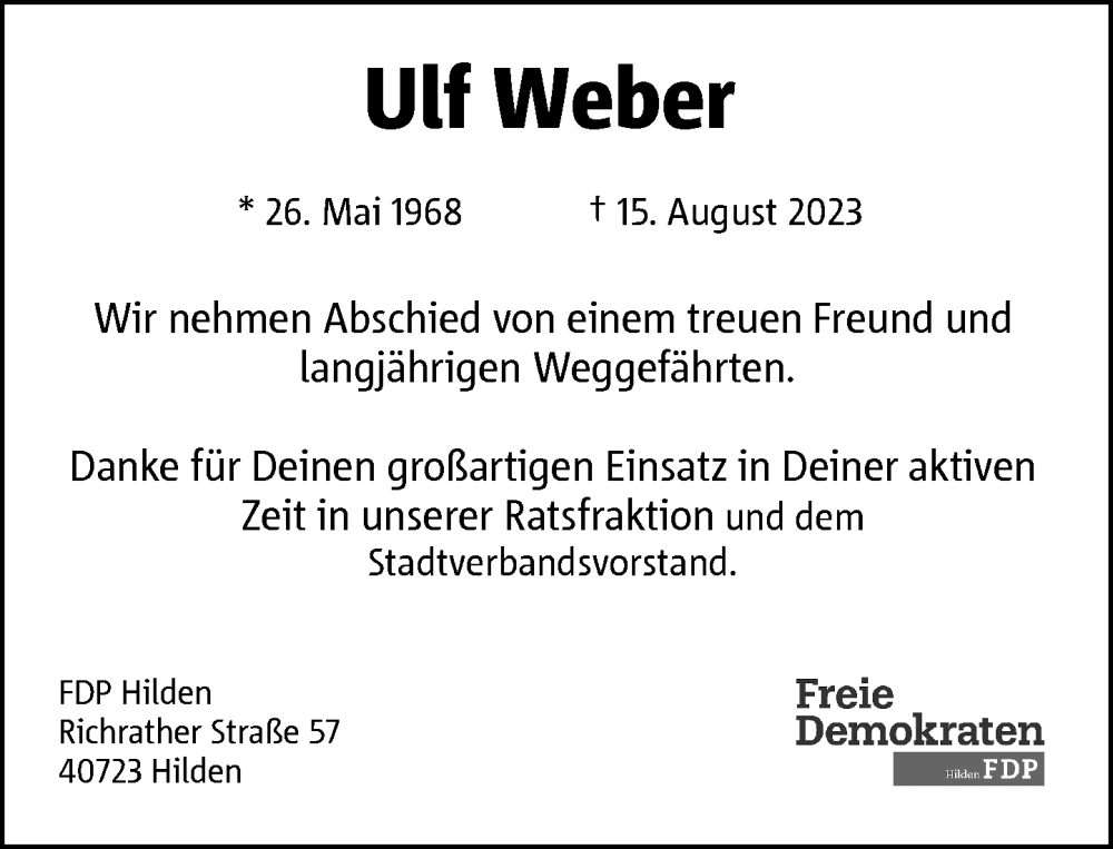  Traueranzeige für Ulf Weber vom 19.08.2023 aus Rheinische Post