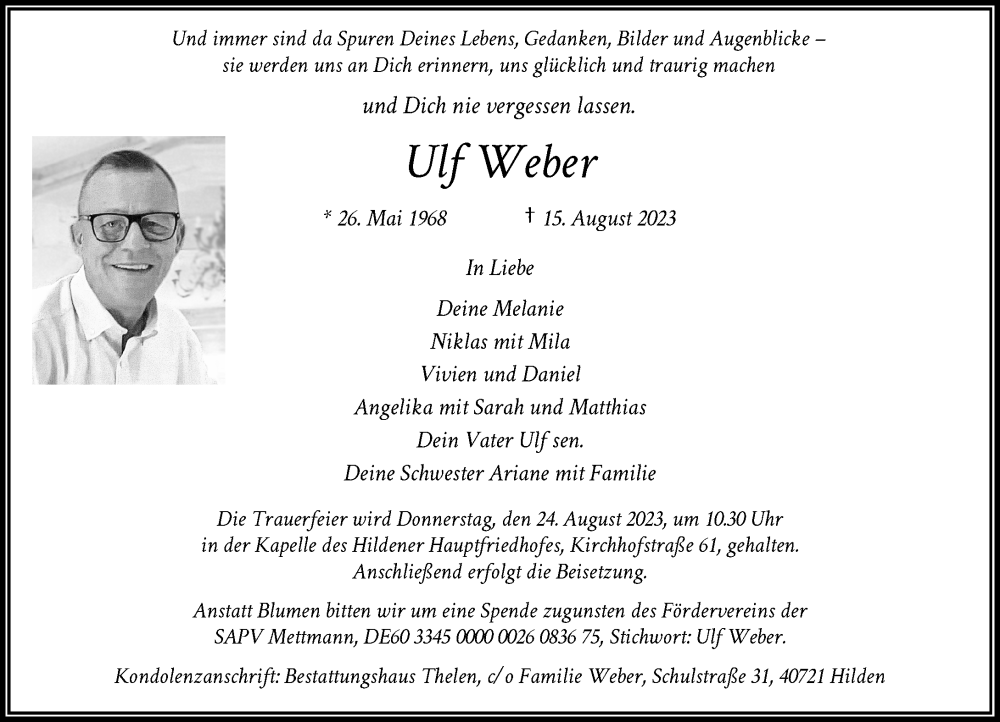  Traueranzeige für Ulf Weber vom 19.08.2023 aus Rheinische Post