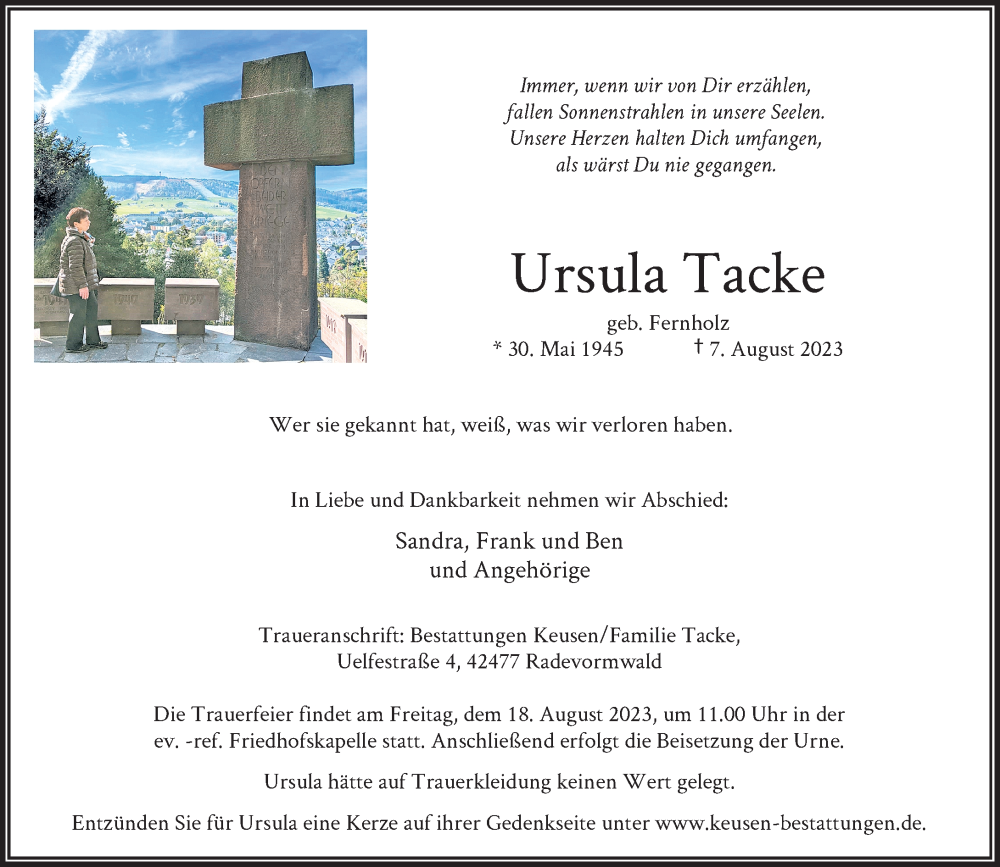 Traueranzeige für Ursula Tacke vom 12.08.2023 aus Rheinische Post