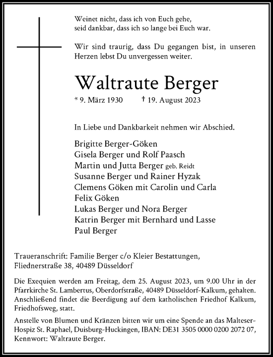 Traueranzeige von Waltraute Berger von Rheinische Post