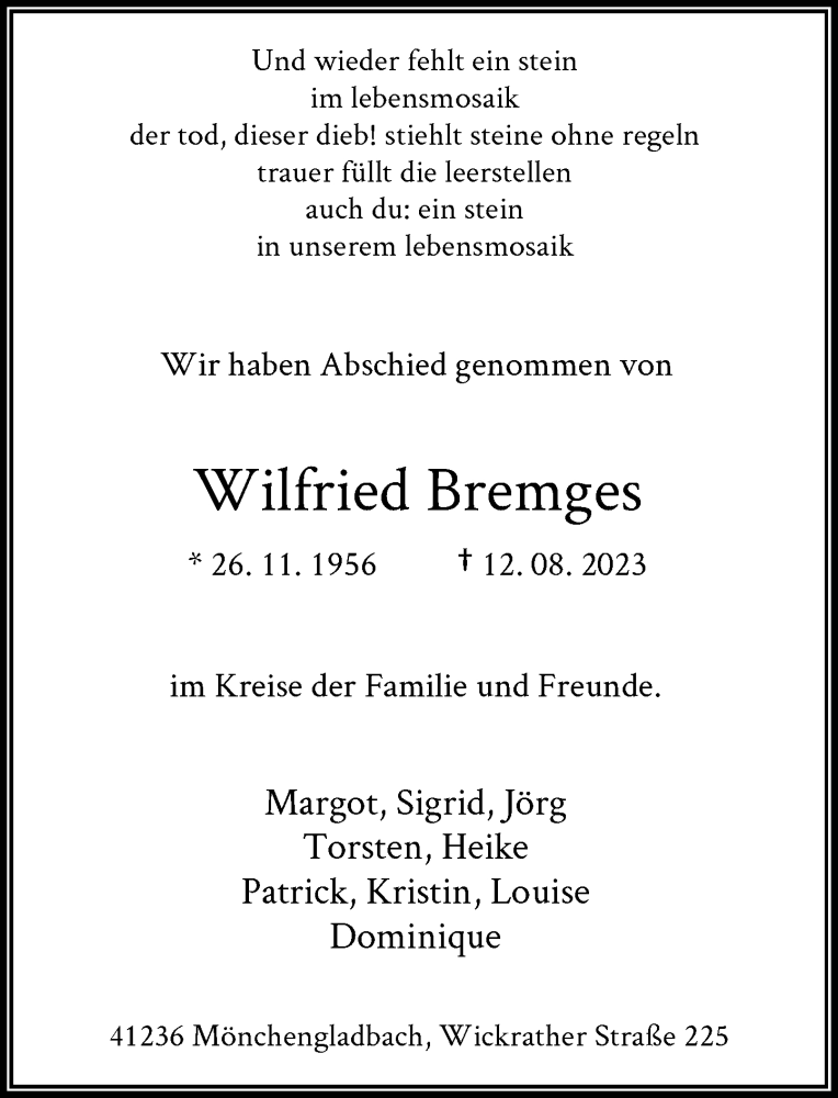  Traueranzeige für Wilfried Bremges vom 09.09.2023 aus Rheinische Post