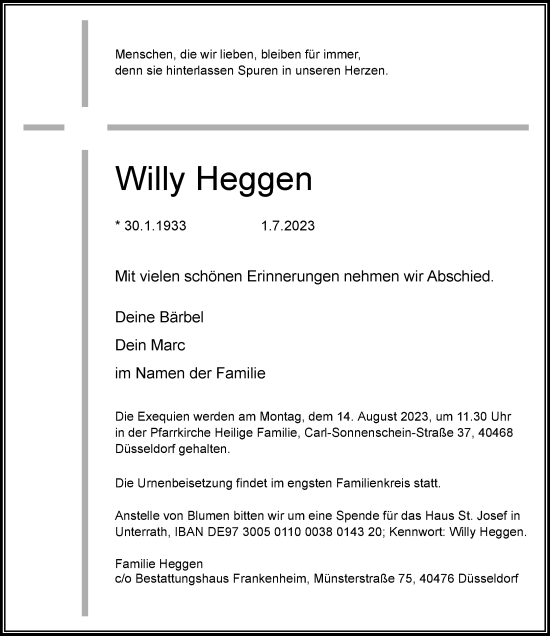 Traueranzeige von Willy Heggen von Rheinische Post