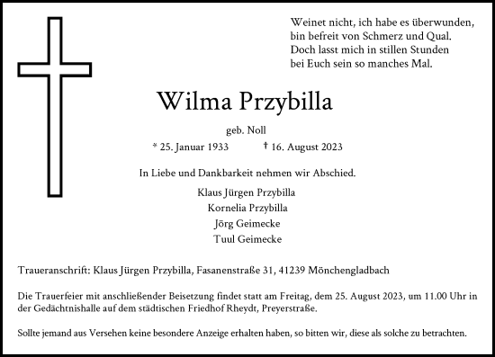 Traueranzeige von Wilma Przybilla von Rheinische Post