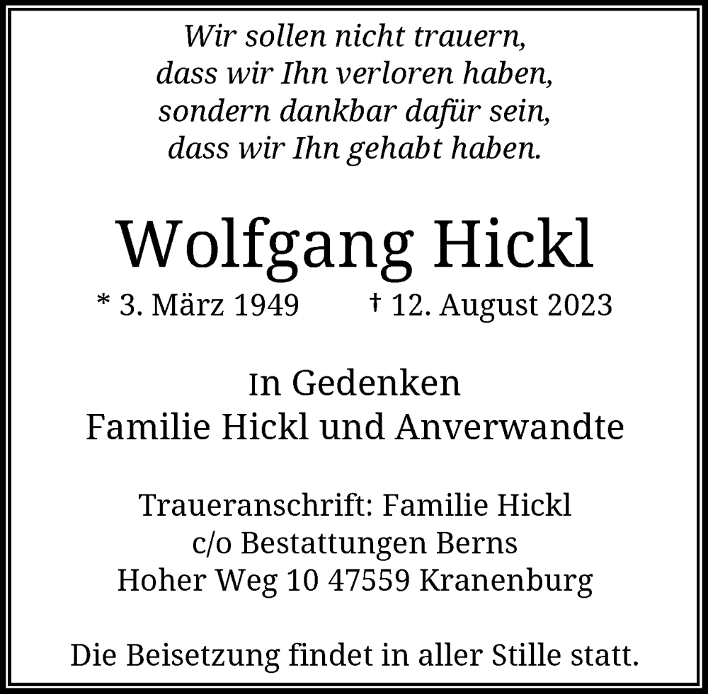  Traueranzeige für Wolfgang Hickl vom 19.08.2023 aus Rheinische Post