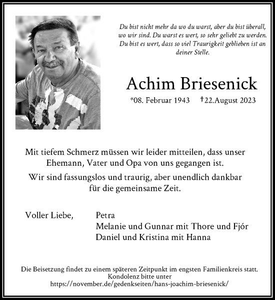 Todesanzeige von Achim Briesenick von Rheinische Post