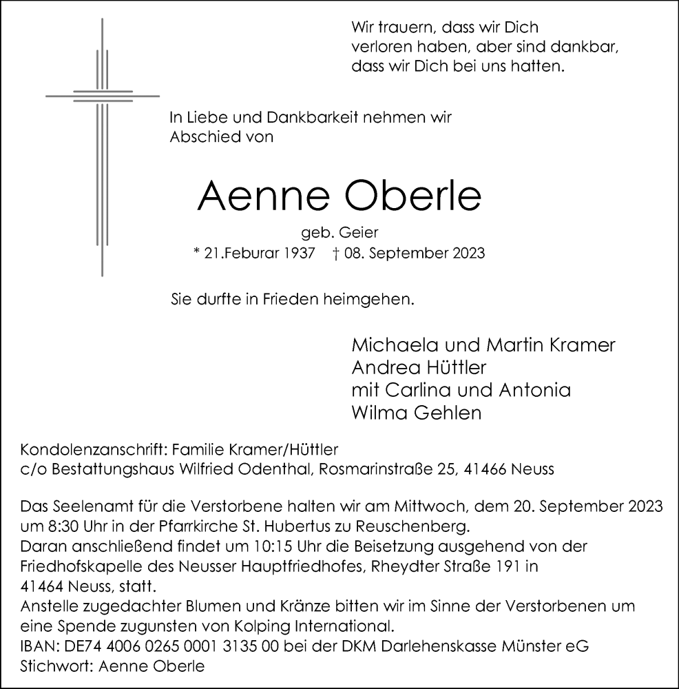  Traueranzeige für Aenne Oberle vom 16.09.2023 aus Rheinische Post