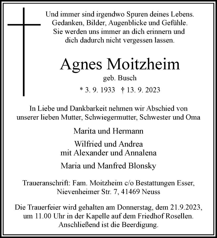  Traueranzeige für Agnes Moitzheim vom 16.09.2023 aus Rheinische Post