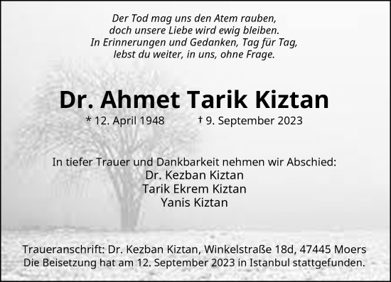 Traueranzeige von Ahmet Tarik Kiztan von Rheinische Post