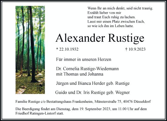 Traueranzeige von Alexander Rustige von Rheinische Post
