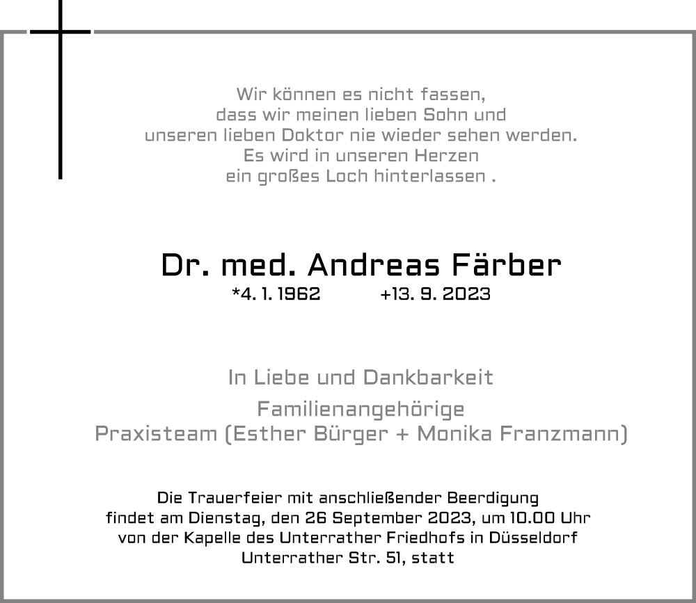  Traueranzeige für Andreas Färber vom 18.09.2023 aus Rheinische Post