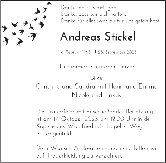 Traueranzeige von Andreas Stickel von Rheinische Post