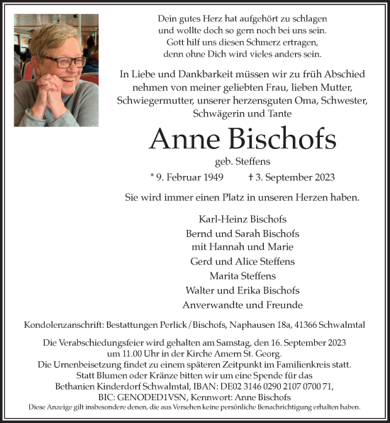 Traueranzeige von Anne Bischofs von Rheinische Post