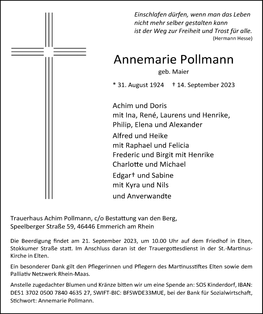  Traueranzeige für Annemarie Pollmann vom 19.09.2023 aus Rheinische Post