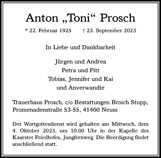 Traueranzeige von Anton Prosch von Rheinische Post