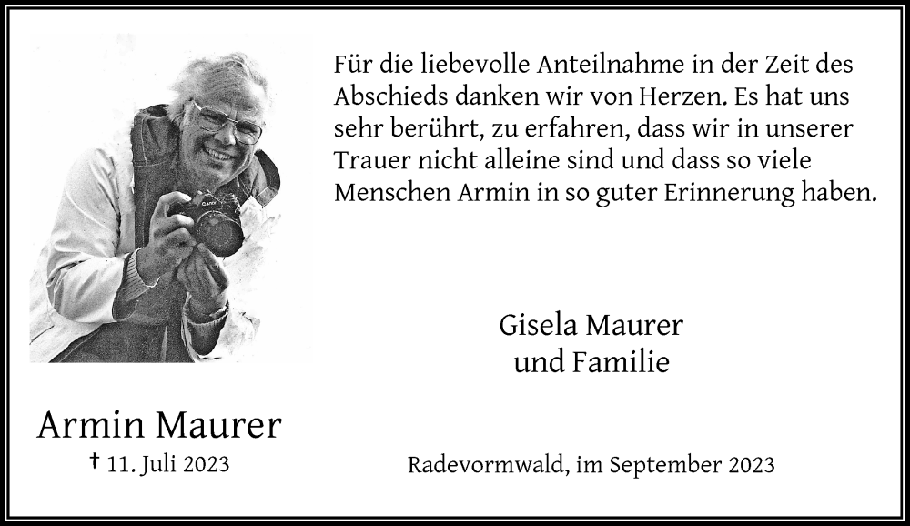  Traueranzeige für Armin Maurer vom 23.09.2023 aus Rheinische Post