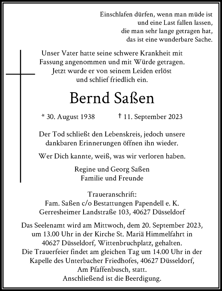 Traueranzeige für Bernd Saßen vom 16.09.2023 aus Rheinische Post
