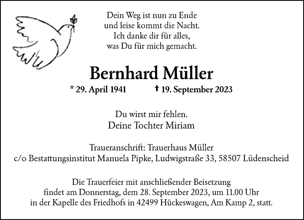  Traueranzeige für Bernhard Müller vom 23.09.2023 aus Rheinische Post