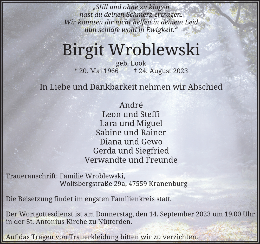  Traueranzeige für Birgit Wroblewski vom 09.09.2023 aus Rheinische Post