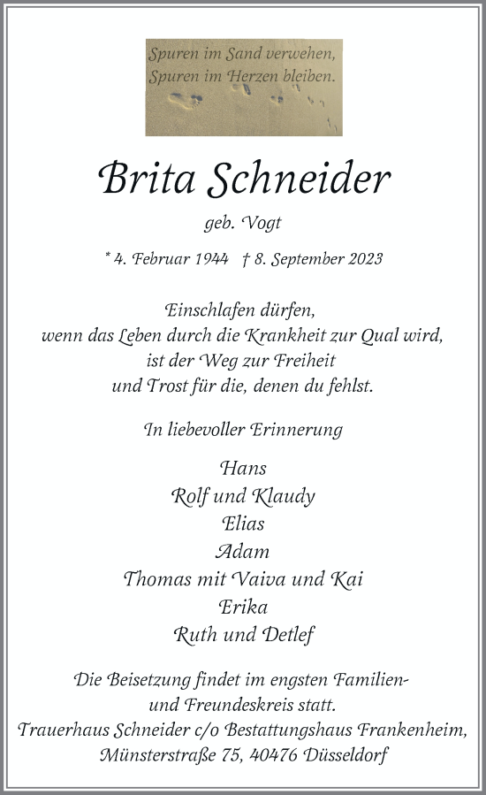 Traueranzeige von Brita Schneider von Rheinische Post