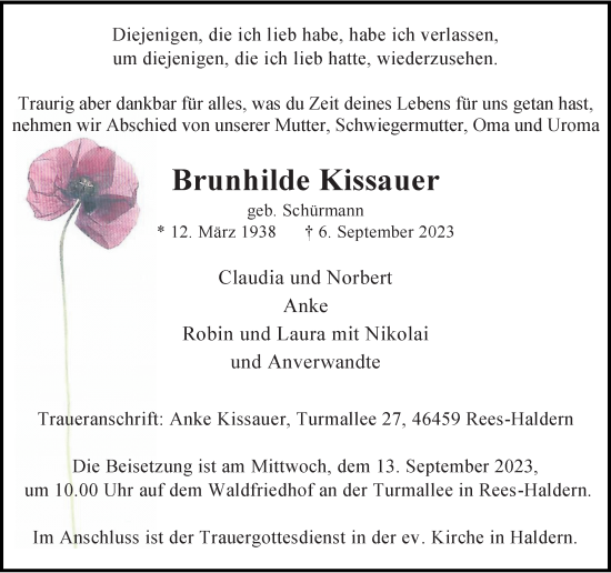 Traueranzeige von Brunhilde Kissauer von Rheinische Post