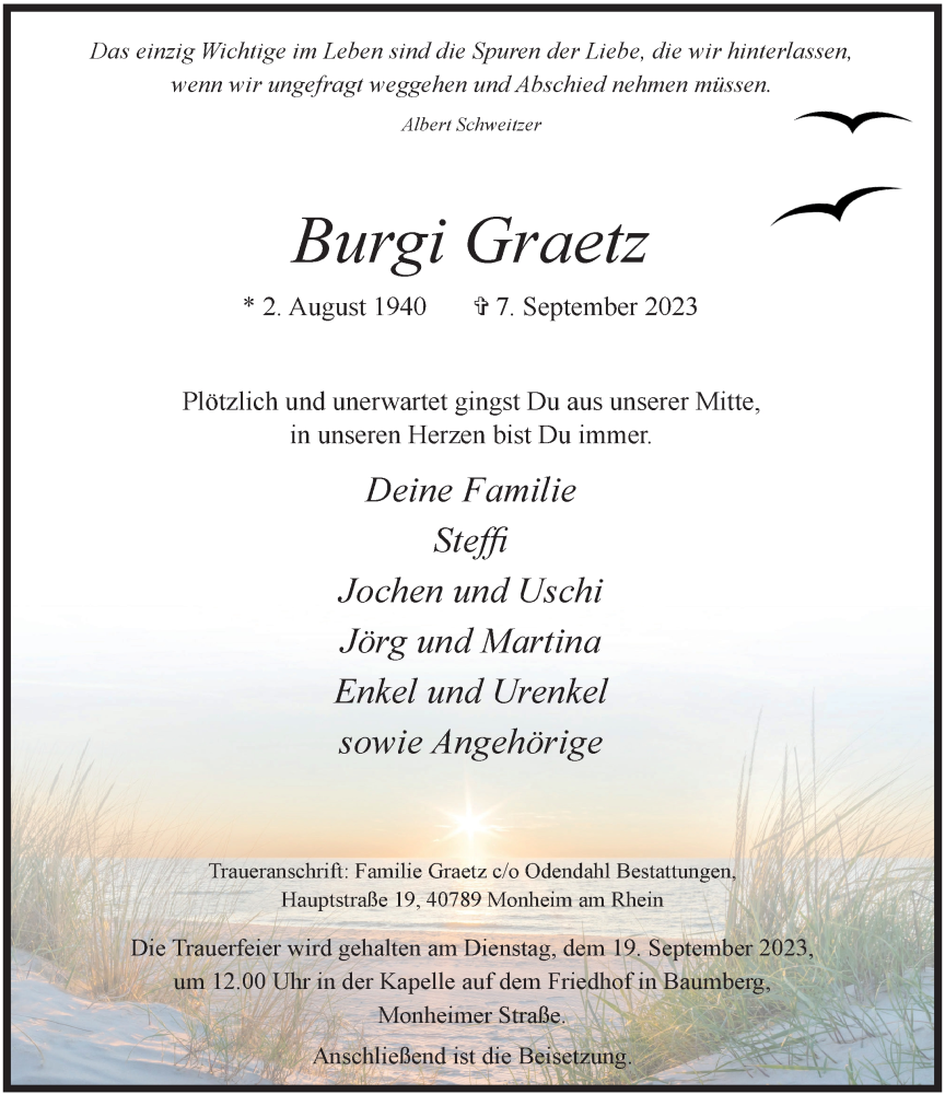  Traueranzeige für Burgi Graetz vom 16.09.2023 aus Rheinische Post