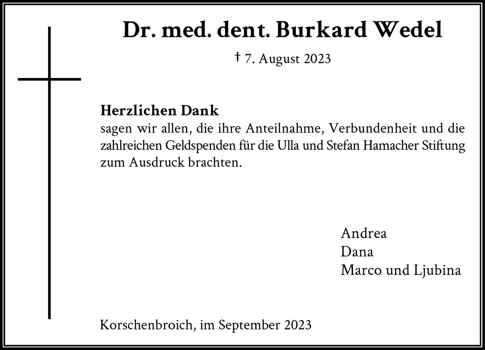  Traueranzeige für Burkard Wedel vom 23.09.2023 aus Rheinische Post