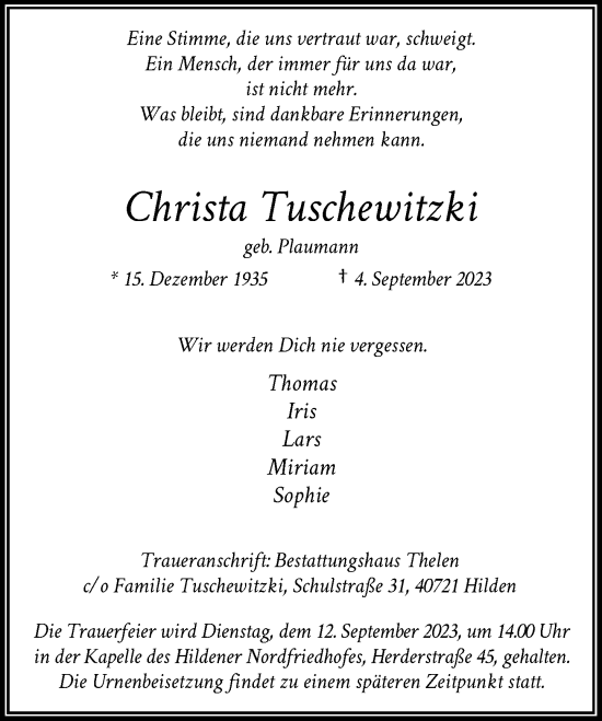 Traueranzeige von Christa Tuschewitzki von Rheinische Post