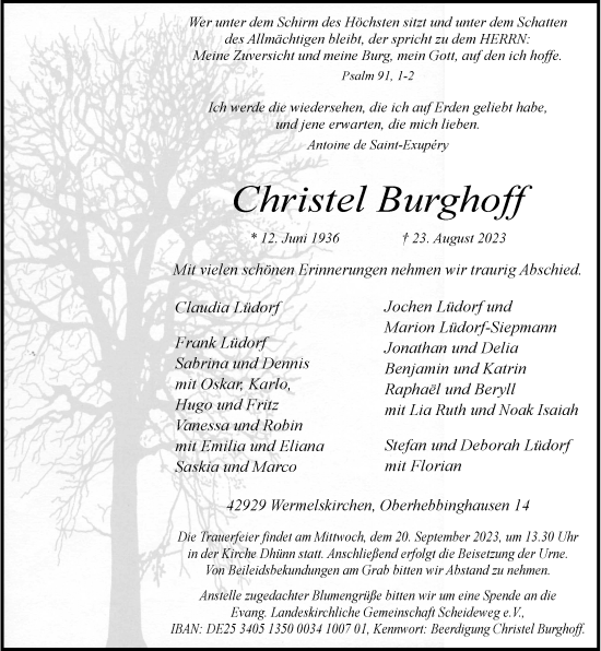 Traueranzeige von Christel Burghoff von Rheinische Post