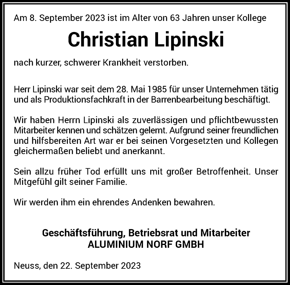  Traueranzeige für Christian Lipinski vom 22.09.2023 aus Rheinische Post